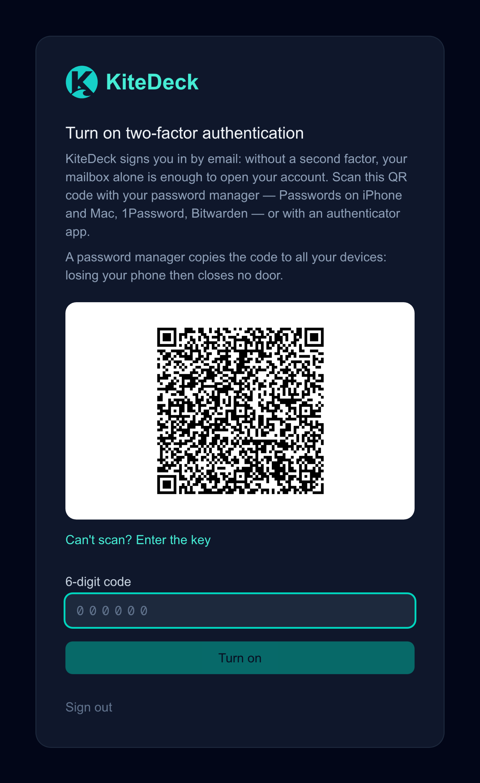 The two-factor screen: QR code, six-digit code field, and the list of enrolled devices.