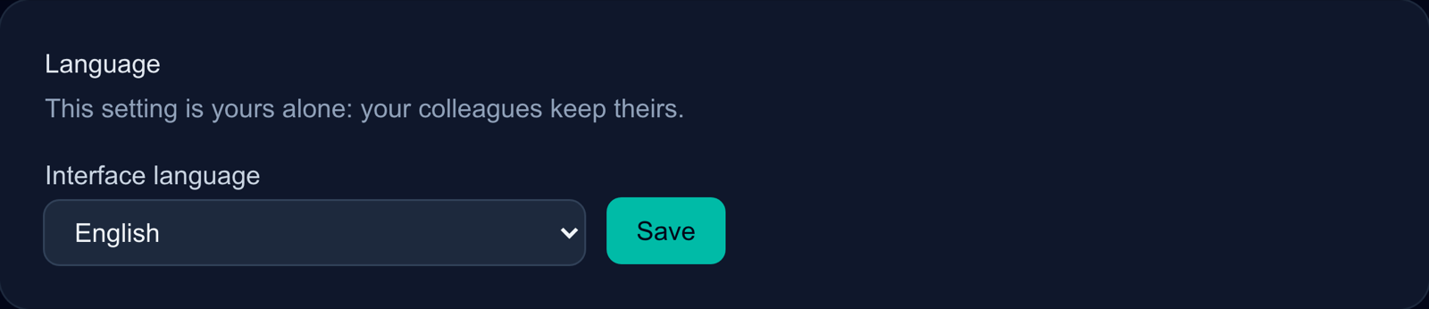 The Language section in Settings, with the interface language selector.