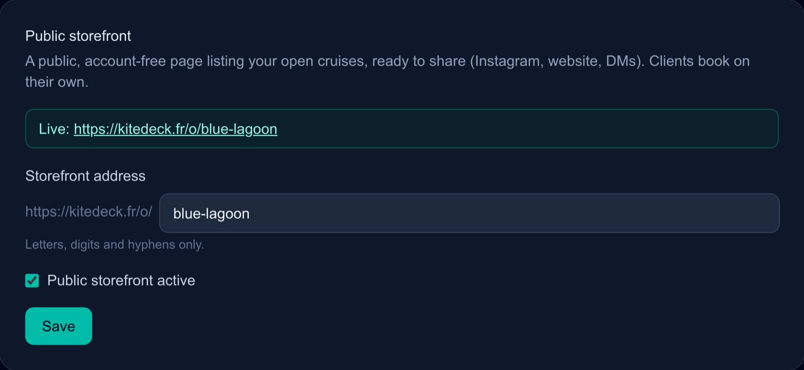 The Public storefront section: address field, active toggle, and the resulting public link.