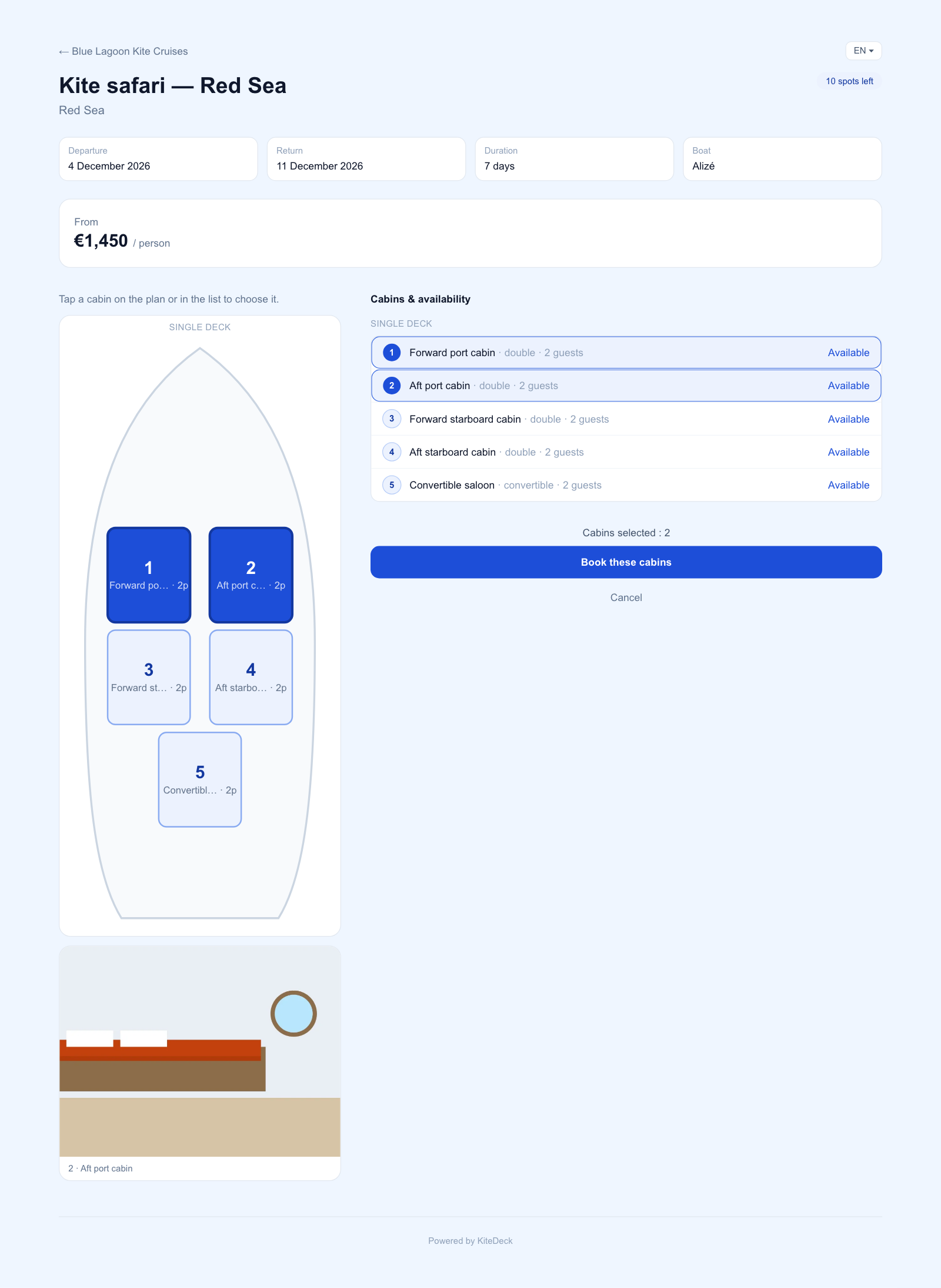 A public cruise page in Book several cabins mode: two cabins selected on the boat plan and in the list, and the Book these cabins button.