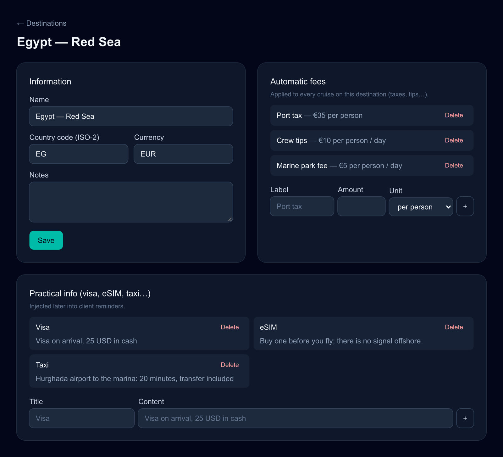 A destination page showing automatic fees with their units and practical information entries.