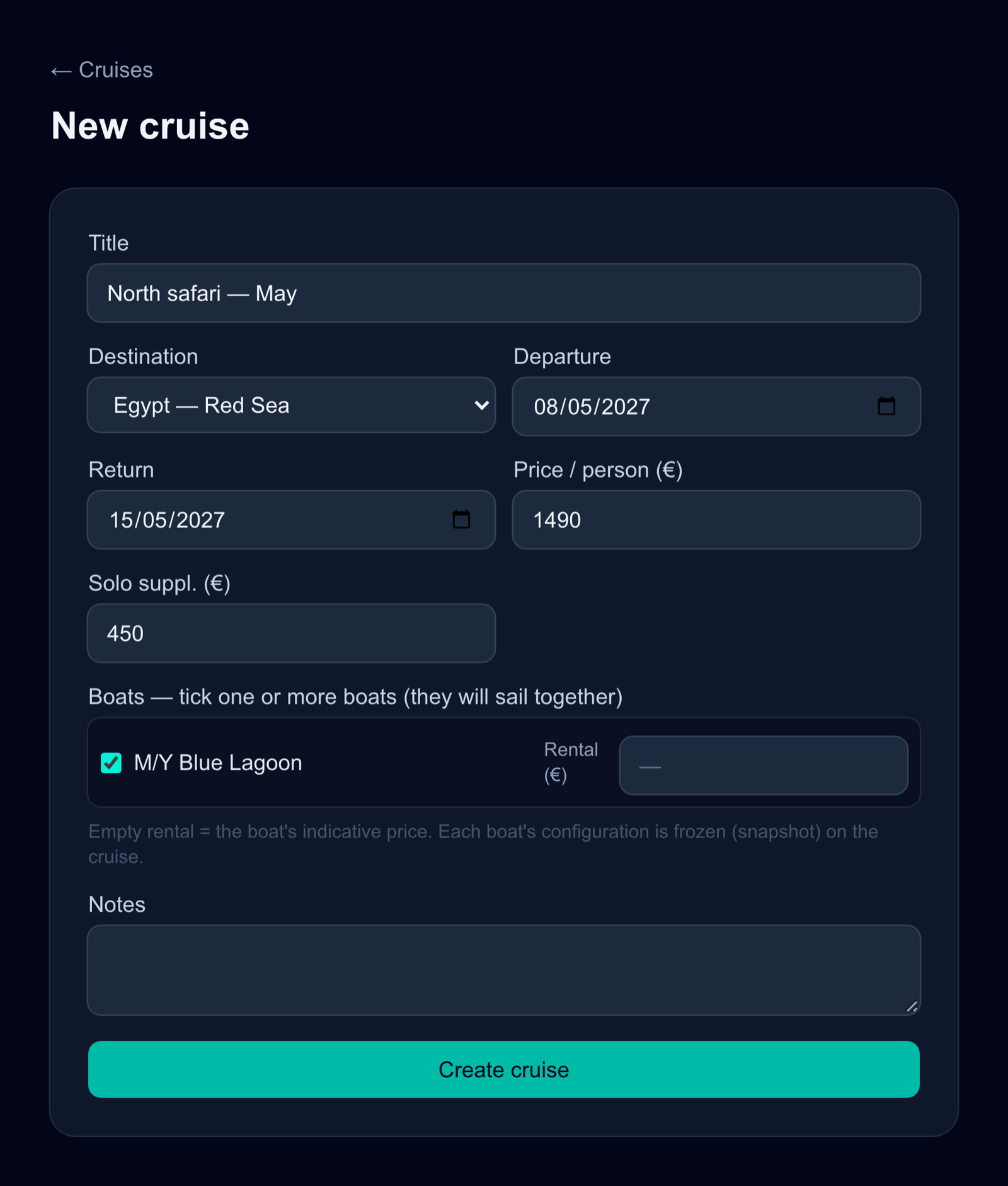 The new cruise form: title, dates, price per person, and the list of boats to tick.