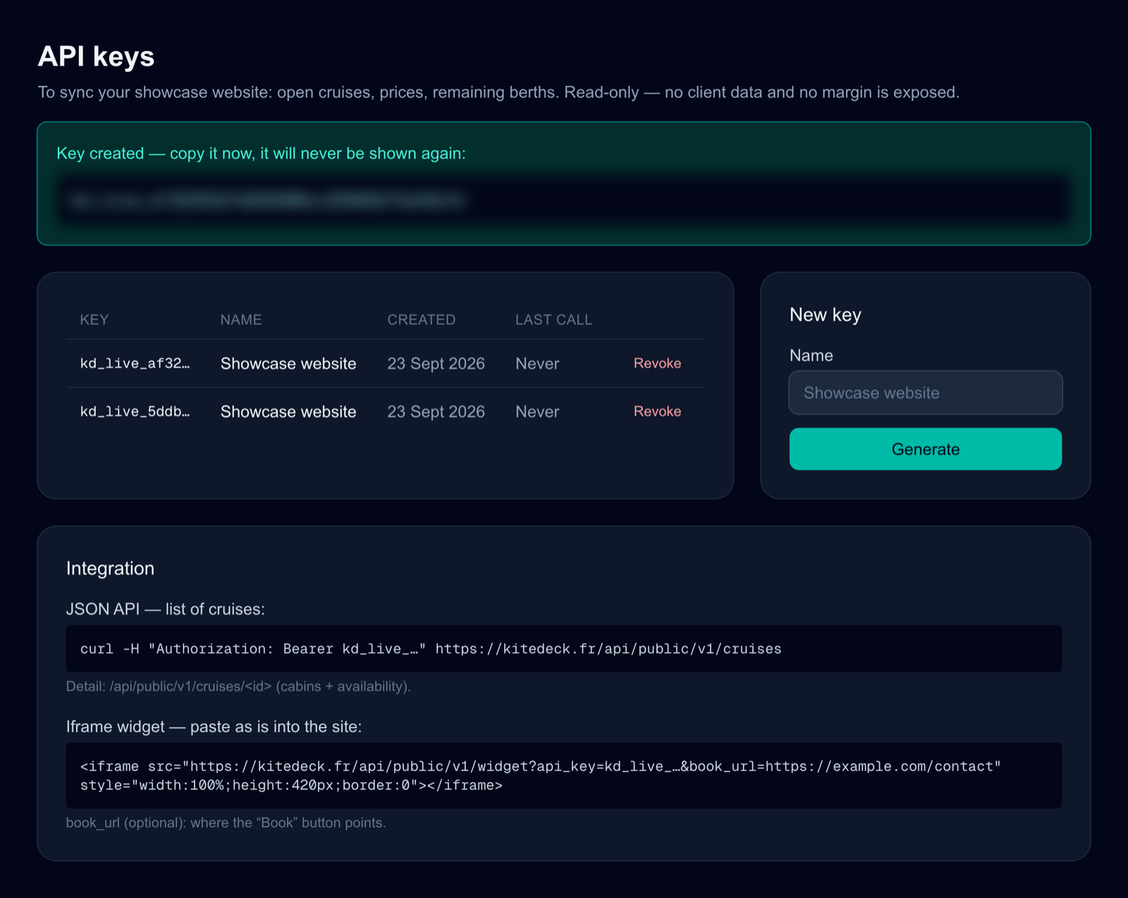 The API keys screen: the generated key shown once, the iframe snippet and the JSON API address.